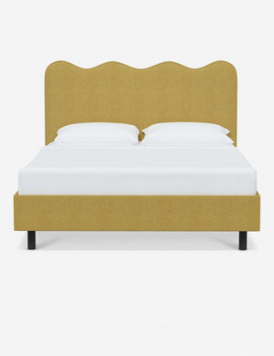 Clementine golden linen platform bed with undulating lined headboard