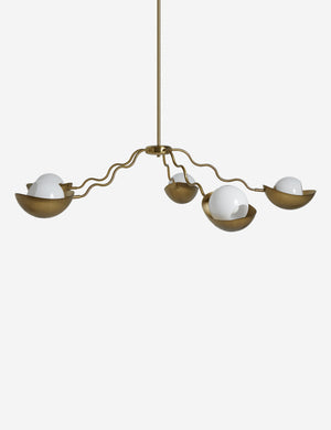 Side view of the Kukka large modern wavy arm chandelier in brass