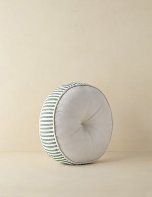 Angled view of the Littu Indoor / Outdoor Striped Disc Pillow by Sarah Sherman Samuel in Moss
