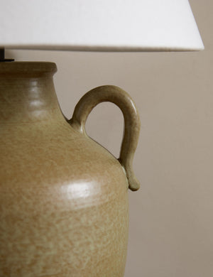 Close up of the Delfina lug handle glazed ceramic table lamp by Heidi Caillier