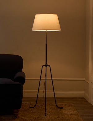 Francis slim frame tripod floor lamp by Heidi Caillier with the light turned on