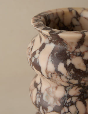 Close up of the Zainab hand-carved marble vase