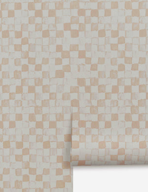 Checkerboard Wallpaper by Sarah Sherman Samuel for Lulu and Georgia Stage features irregular, hand-painted beige and white squares on a light background for a modern touch.