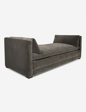 Angled view of the Elvie mink gray velvet chaise