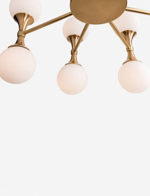 Close-up of the cone-shaped metal stands and dual-light fixtures on the Abernathy gold wheel-like chandelier