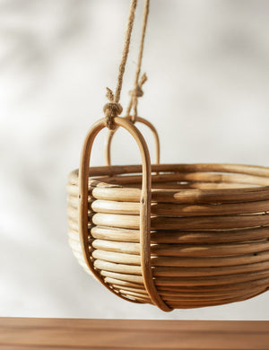 Close-up of the Brandie Hanging Woven Rattan Basket with jute straps