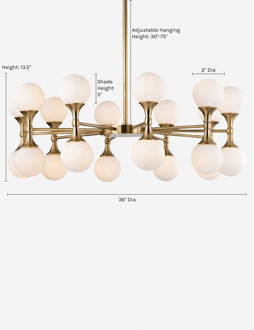 | Dimensions on the Abernathy gold wheel-like chandelier with dual-light fixtures