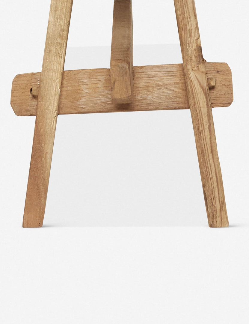 | Close-up of the legs of the Arlene craftsman-style antiqued teak wood bench