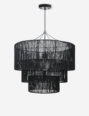 Chavette three-tiered black jute-wrapped chandelier