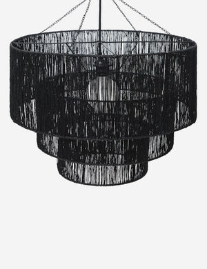 Chavette three-tiered black jute-wrapped chandelier