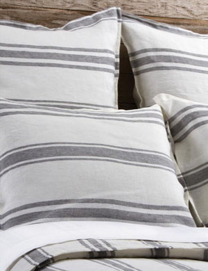 Close up of the Jackson Linen cream and gray striped Sham by Pom Pom at Home