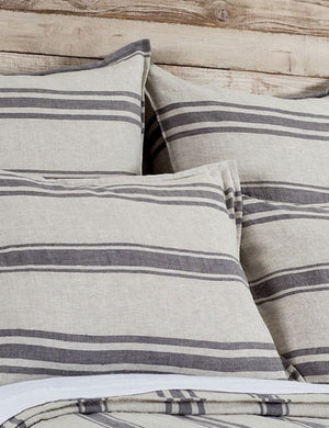 Close-up of the Jackson Linen flax and midnight striped Sham by Pom Pom at Home